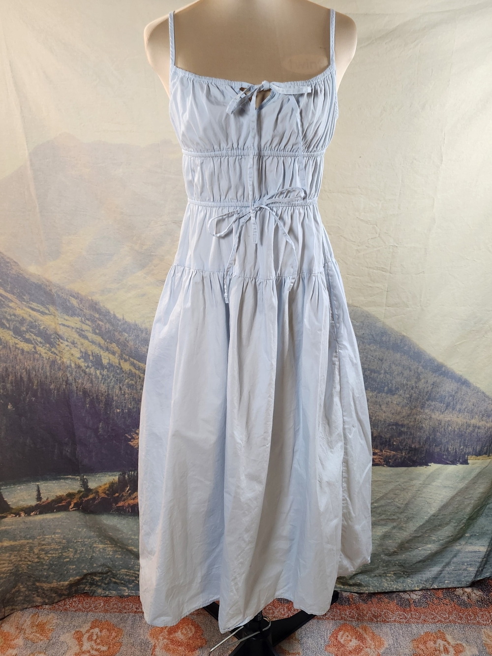Sim & Sam Milkmaid Cottagecore Gathered Tie Midi Dress Light Blue Small S